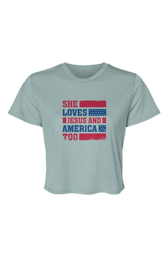 She Loves Jesus patriotic Flowy Cropped Tee