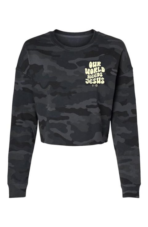 Our World Needs Jesus Camo Cropped Crew